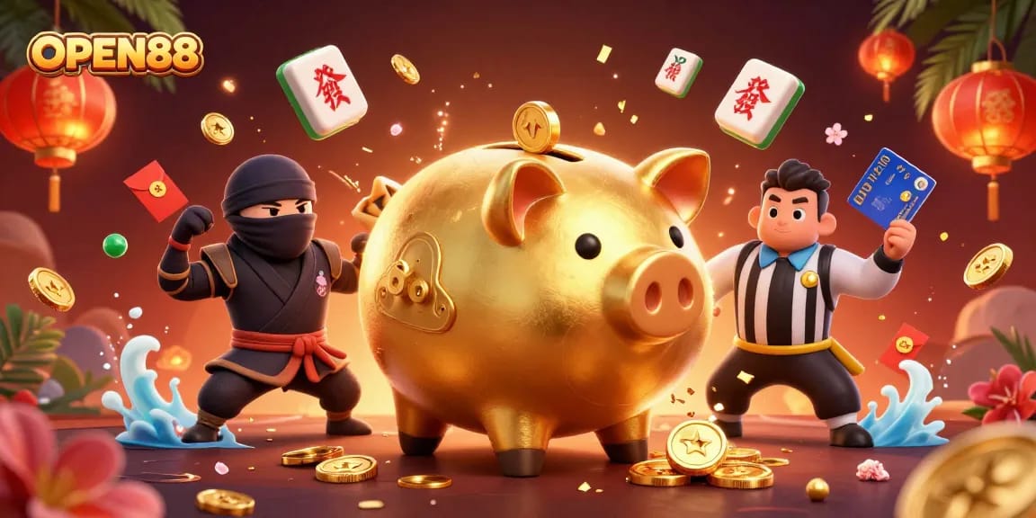 Experience thrilling wins at OPEN88 with a lively illustration of a golden piggy bank sumo wrestler and vibrant casino elements.