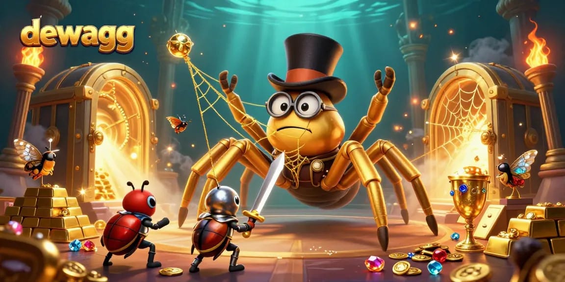 Dewagg creates thrilling casino adventures featuring a golden tarantula and beetle knight amidst treasures.
