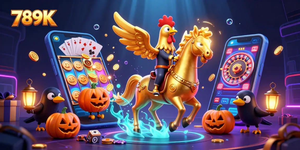Experience the enchanting 789K casino adventure with a golden rooster and vibrant gaming elements.