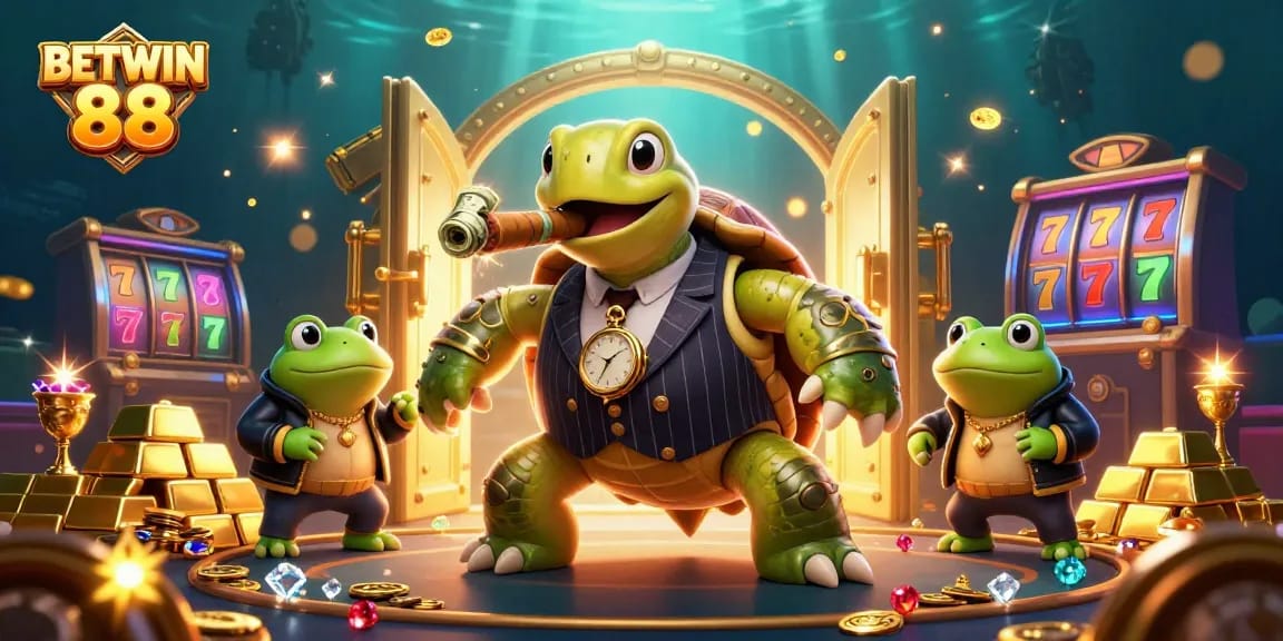 Experience the thrill of BETWIN 88 with a dynamic scene of a turtle mobster and rich casino elements.