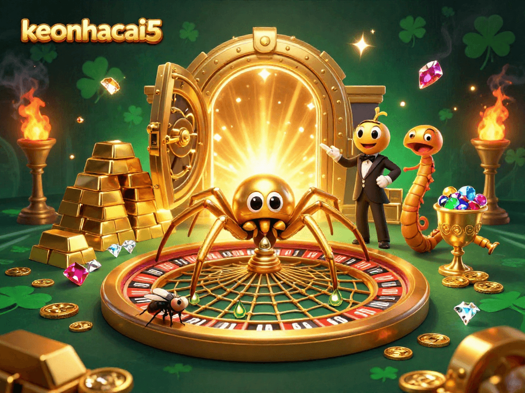 Engage with keonhacai5 as a cartoon spider spins a roulette web in a bustling casino scene.