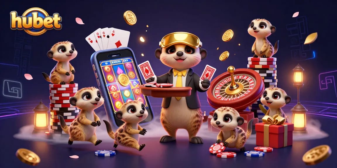 Experience hubet's exciting casino gaming with charming meerkats operating a lively gambling scene.