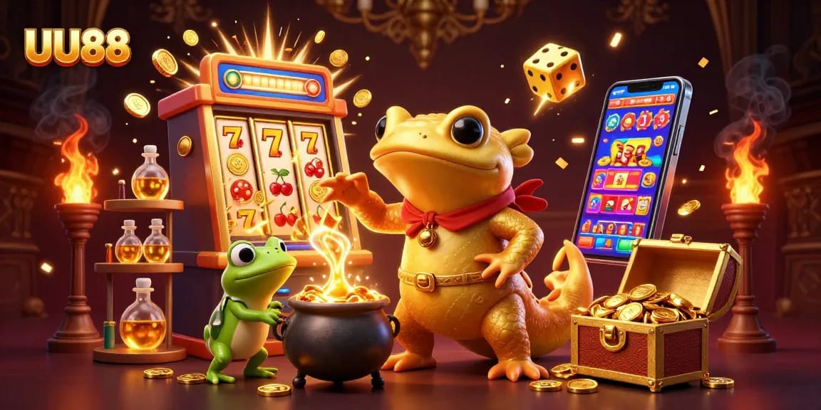 Experience thrilling wins with UU88 in a vibrant 3D casino illustration bursting with action.