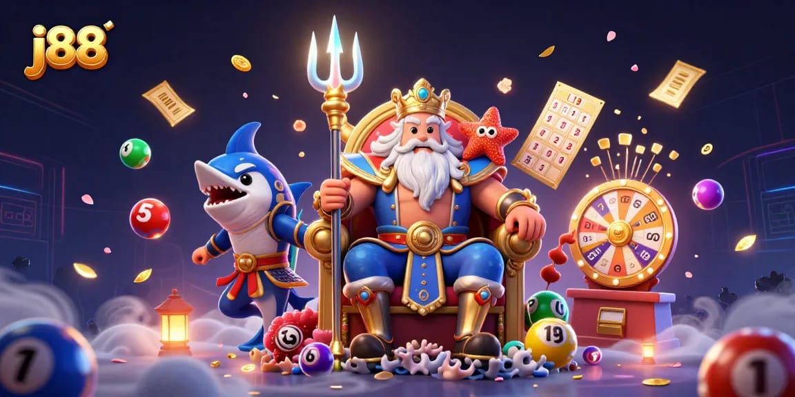 Engage with j88-themed lottery excitement in a vibrant 3D cartoon scene filled with colorful elements.