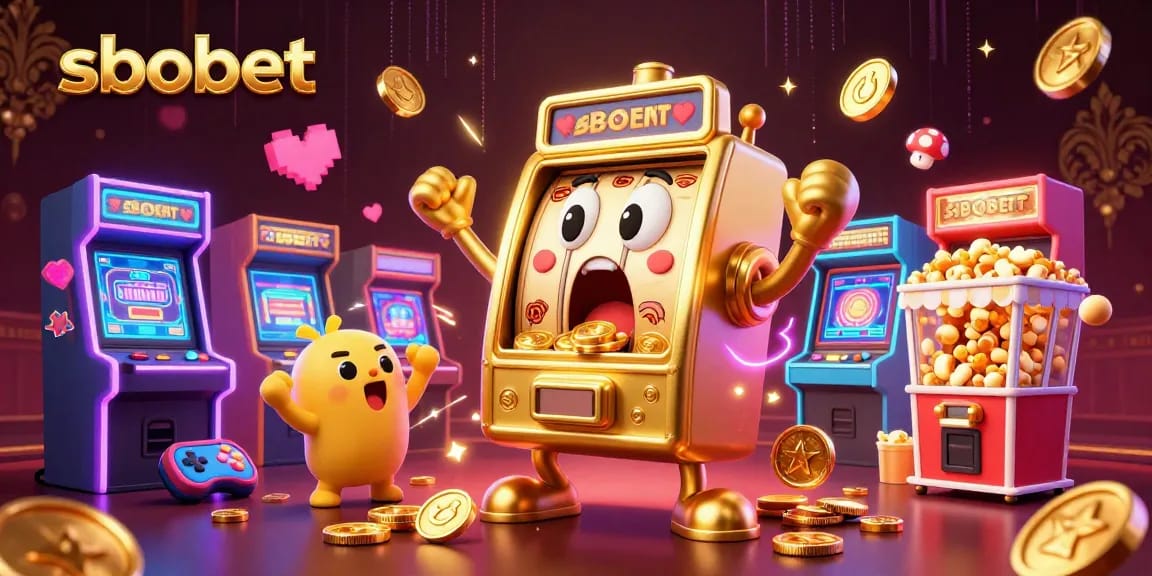 Sbobet slot machine celebrating a jackpot with coins flying, surrounded by cheering baby slot machines.