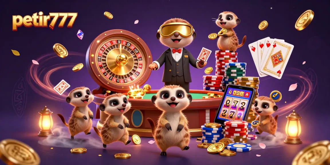 Win big at petir777 with a vibrant casino scene featuring meerkats in action!