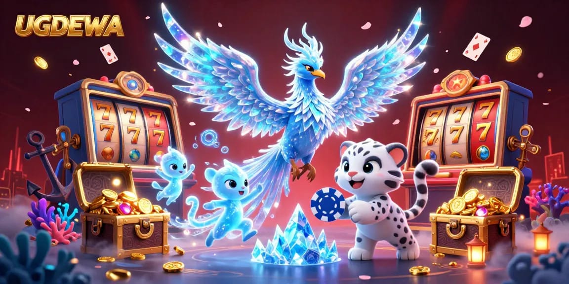 Experience epic wins with UGDEWA's ice phoenix and snow leopard in a dynamic casino environment.