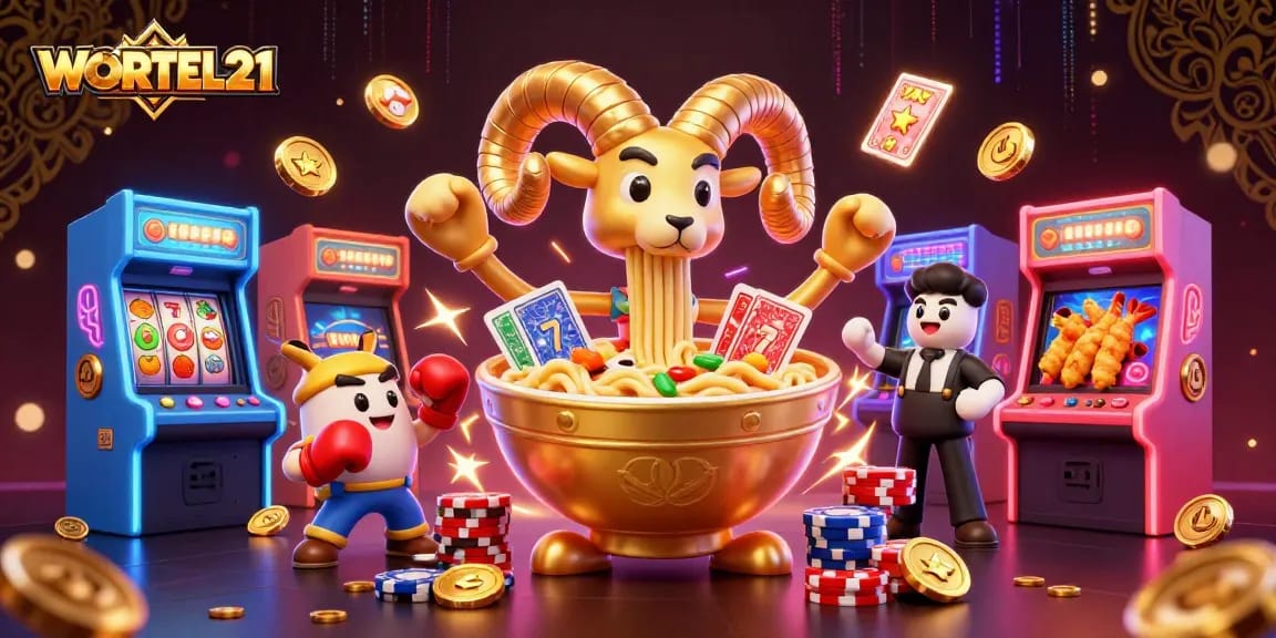 Engaging WORTEL21 scene depicting a giant ramen bowl and friends celebrating casino wins with vibrant game elements.