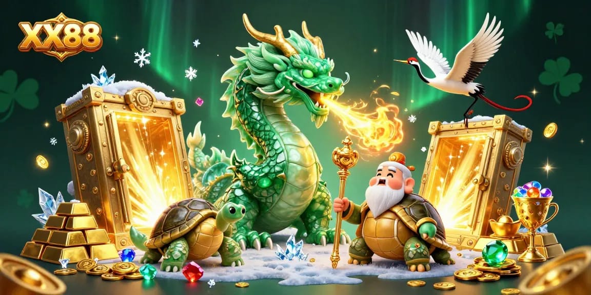 Play exciting games at XX88 with a vibrant dragon, turtle sage, and lucky cranes amidst treasures.