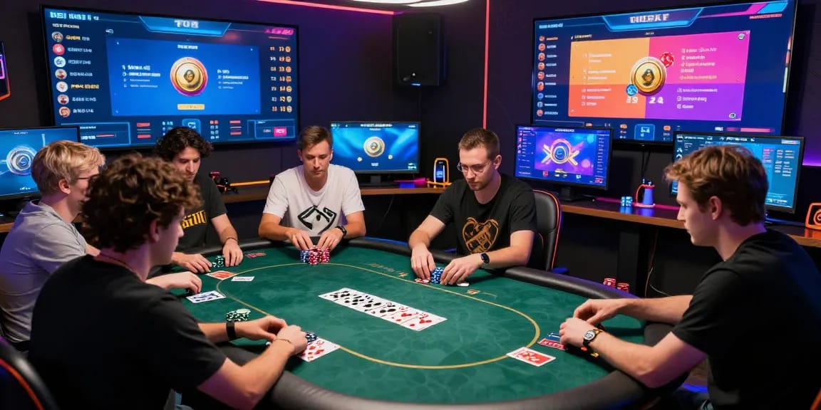 Engaged players in an online poker match highlighting Poker Idn Terpercaya with vibrant tournament details and gaming interface