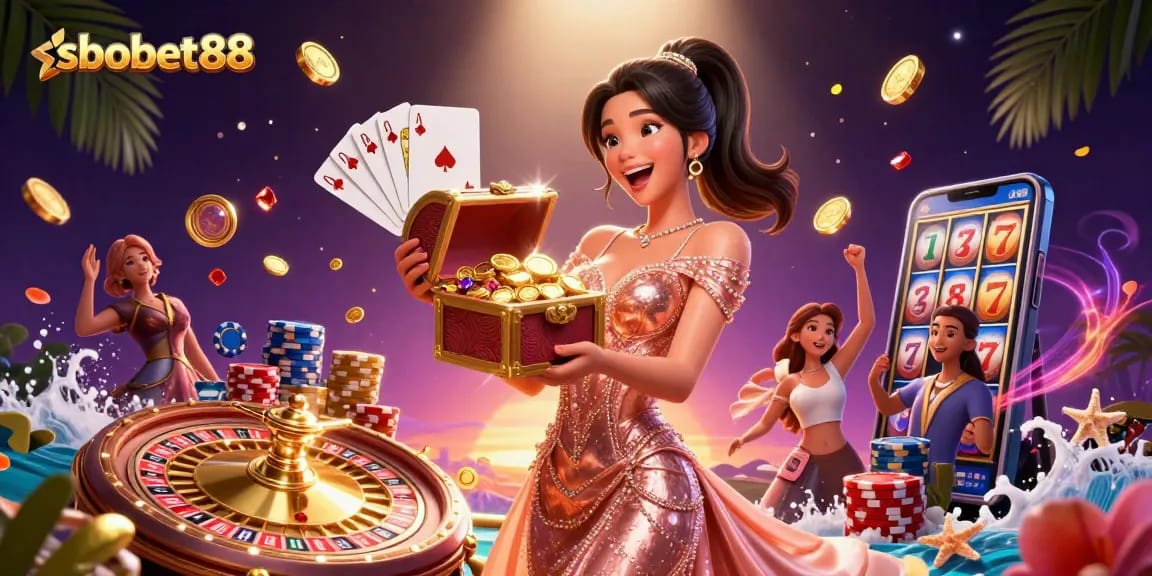 Experience sbobet88 with exciting betting action and treasure in this vibrant casino illustration.