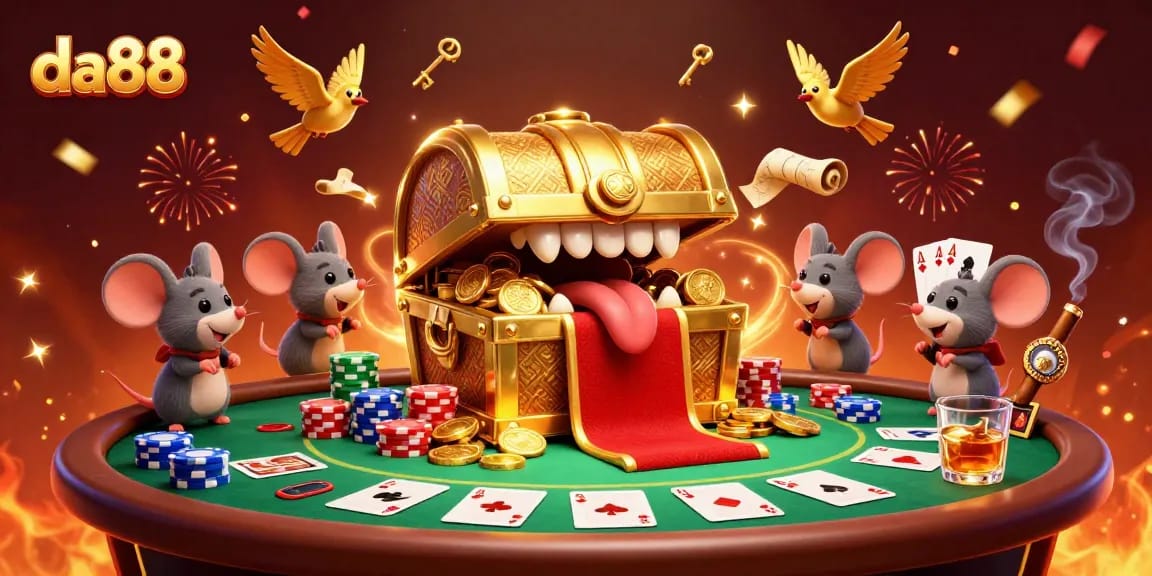 Join the excitement at da88 with colorful poker chips and a thrilling golden treasure chest scene.