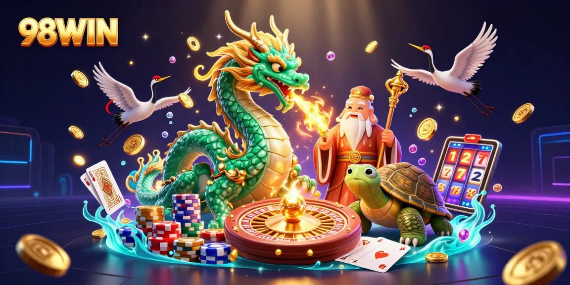Experience thrilling wins at 98WIN with an epic illustration of a jade dragon and casino elements.