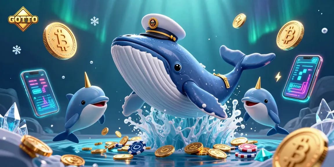 Pemain GOTOTO terlibat dengan trik chip poker yang berwarna-warni di tengah lautan koin dan elemen kripto dalam adegan kasino.