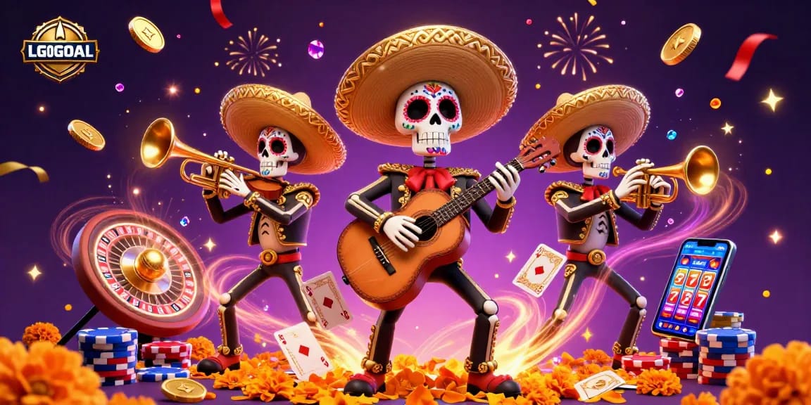Experience LGOGOAL with a vibrant 3D illustration of a mariachi band in a lively casino atmosphere.