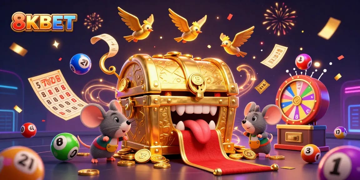 Engage in thrilling wins with 8KBET's vibrant casino illustrations featuring treasure and lottery dynamics.