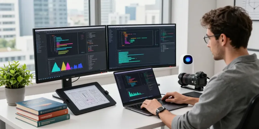 Pengembang menggunakan diana4d di kantor modern dengan monitor dan alat canggih.