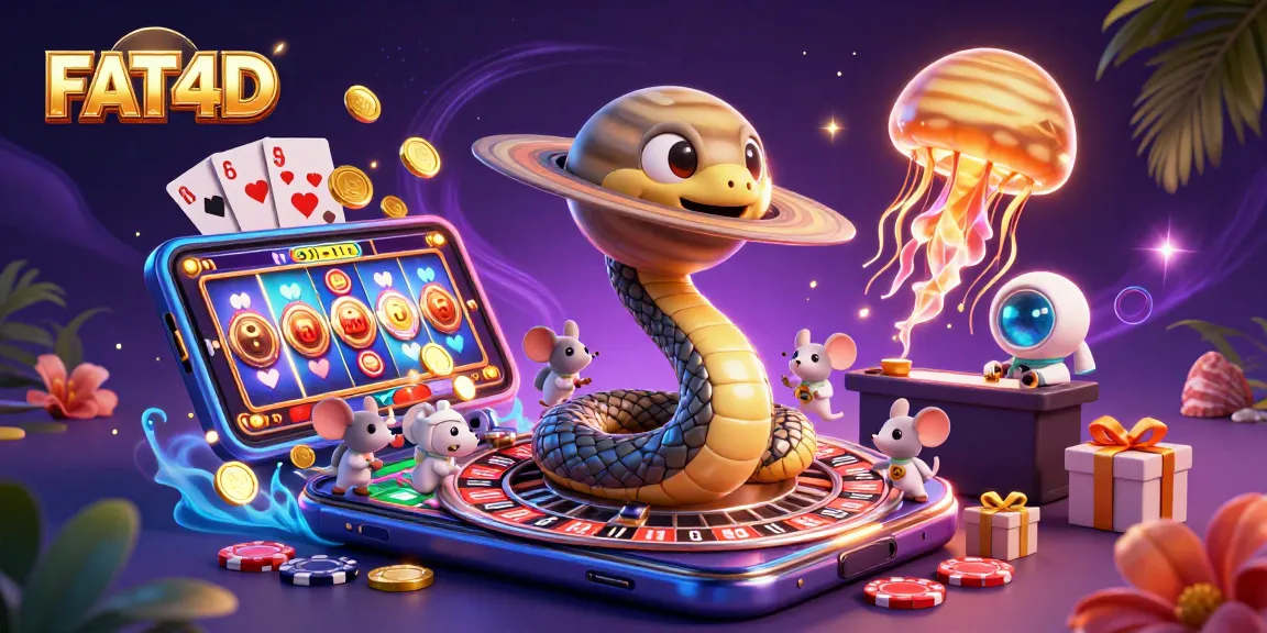 FAT4D showcases a vibrant casino scene with a Saturn ring snake dealer and astronaut mice taking bets.