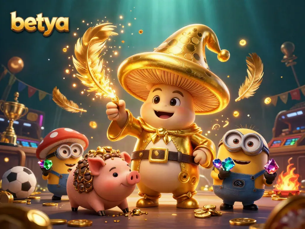 Betya's vibrant sports betting scene with a golden mushroom wizard and treasure elements.