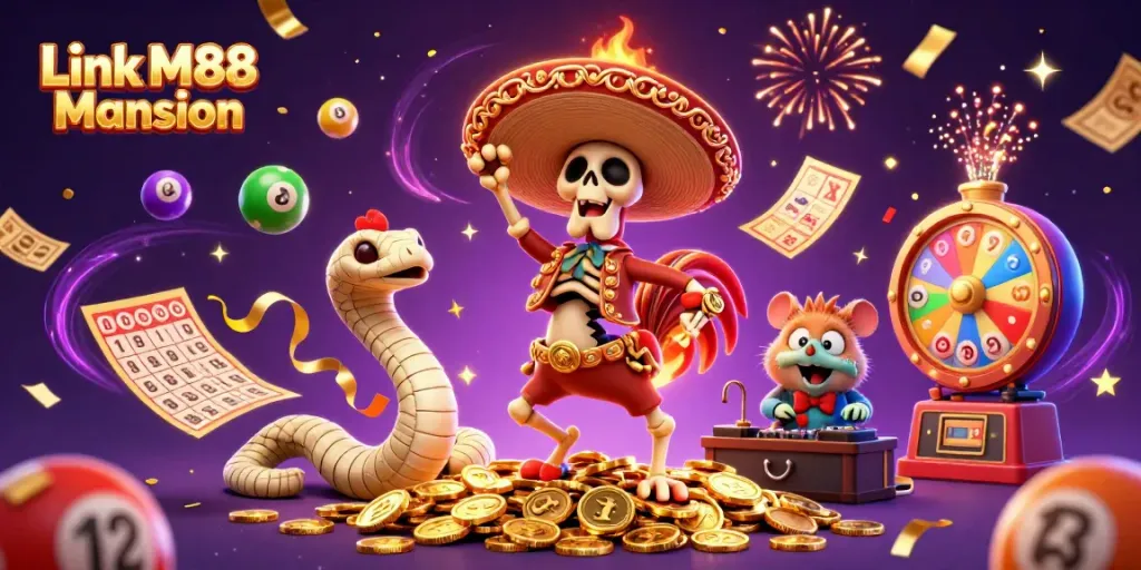 Experience thrilling wins at Link M88 Mansion with vibrant animated characters and exciting gambling elements!