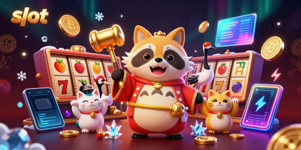 Slot permainan menghadirkan tanuki bahagia dengan palu emas dan simbol keberuntungan di latar belakang.