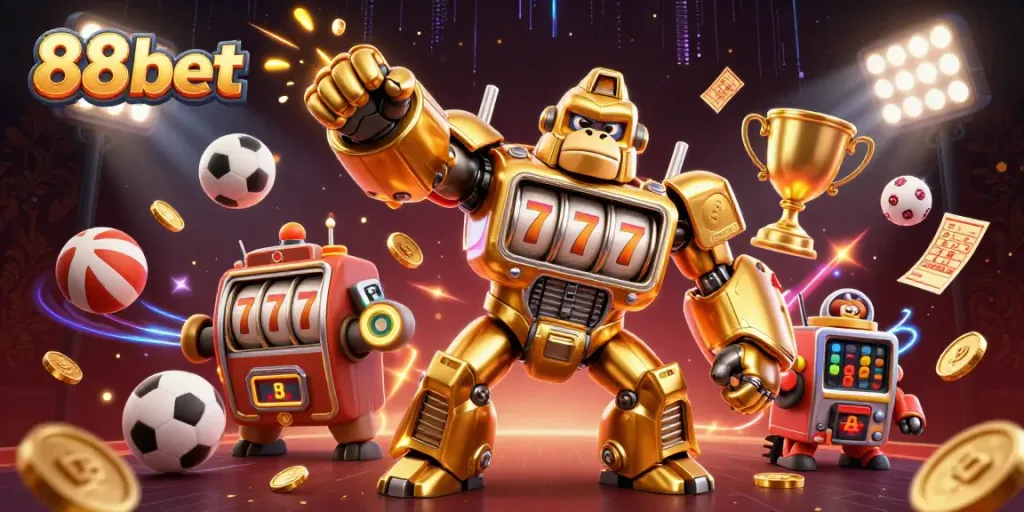 Engage in thrilling games with 88bet featuring dynamic 3D illustration of playful characters and exciting sports elements.