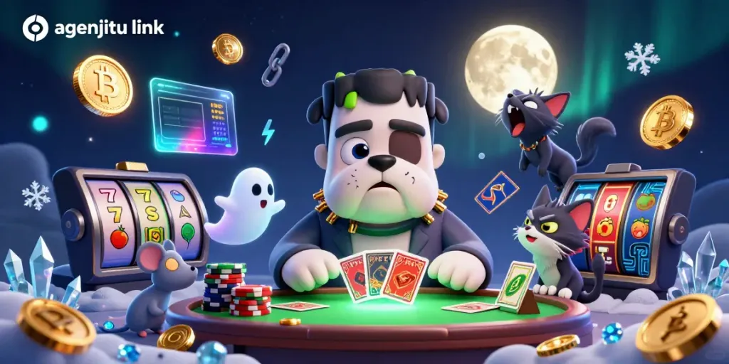 Menghadirkan agenjitu link, anjing Frankenstein yang menangani kartu di meja kasino yang angker.