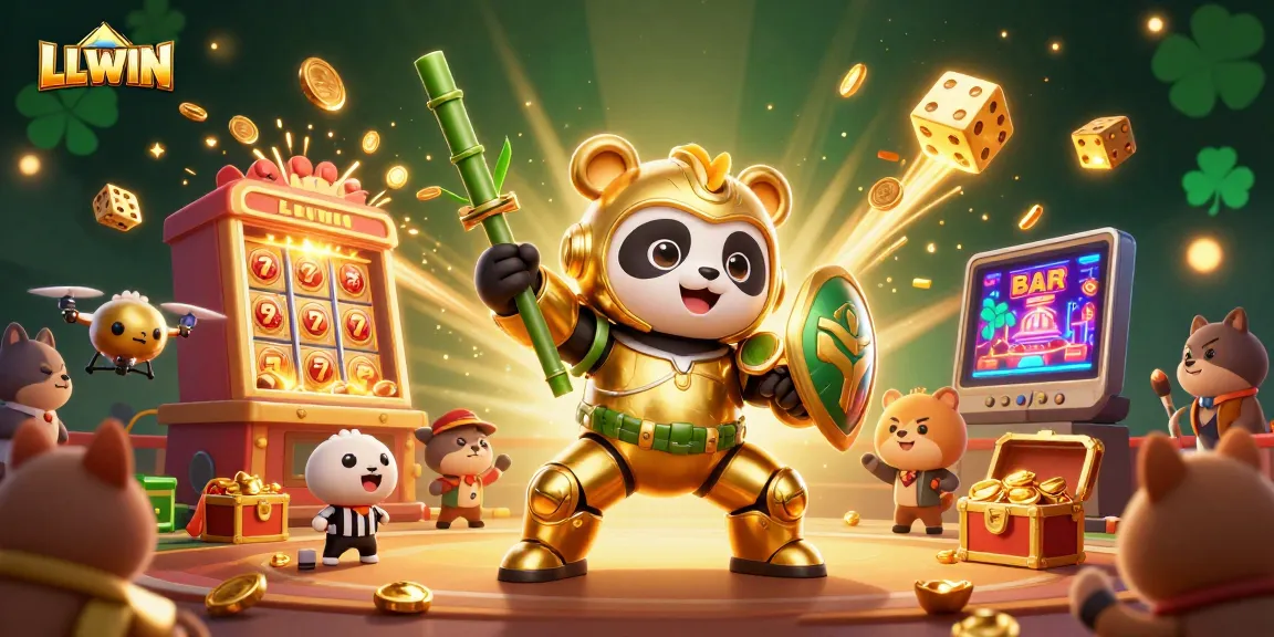 LLWIN features a golden panda mech pilot in a casino scene with dynamic game elements.