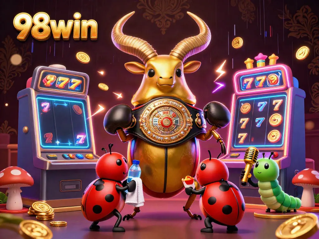 Experience the excitement of 98win's casino with a giant stag beetle champion facing off amid vibrant slot machines.