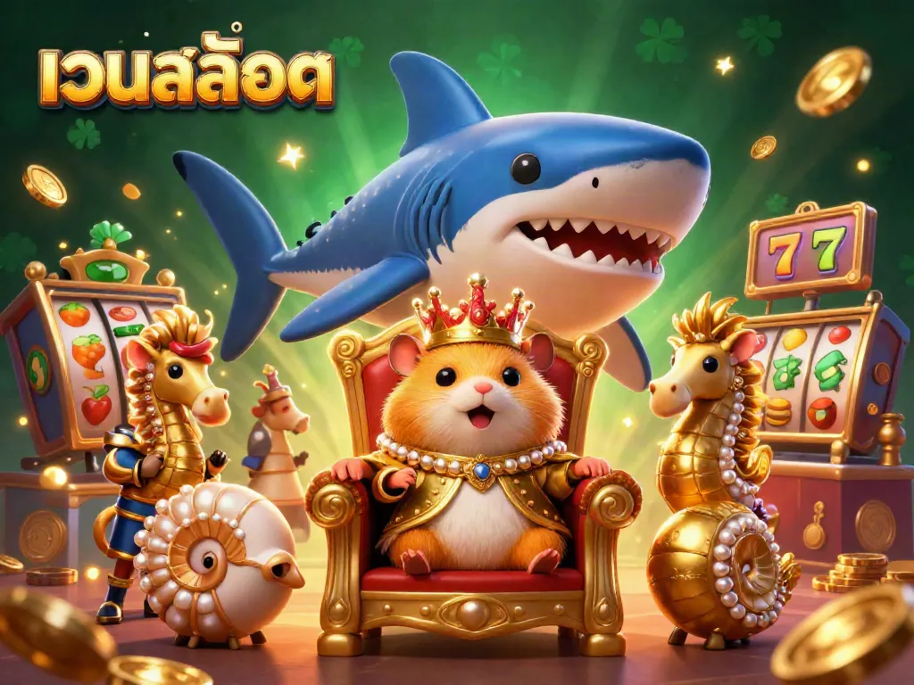 Engage with เว็บสล็อต as you explore dynamic slot gaming elements featuring a hamster king and casino treasures.