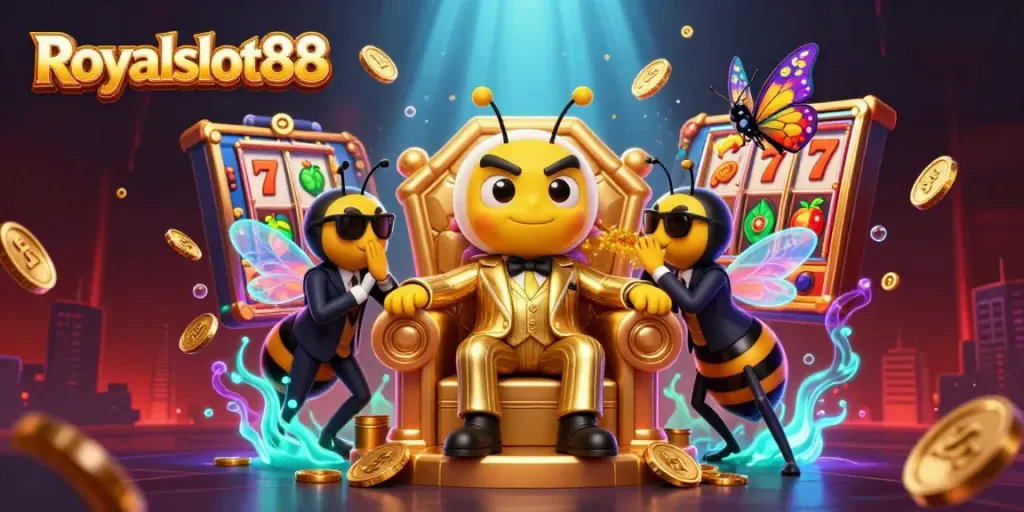 Royalslot88 mempersembahkan boss lebah kartun 3D dalam suasana kasino yang megah dan menarik.