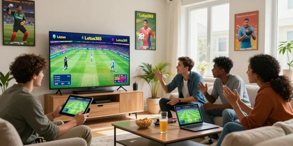 Exciting scene of friends engaging in sports betting on lotus365, discussing live matches.