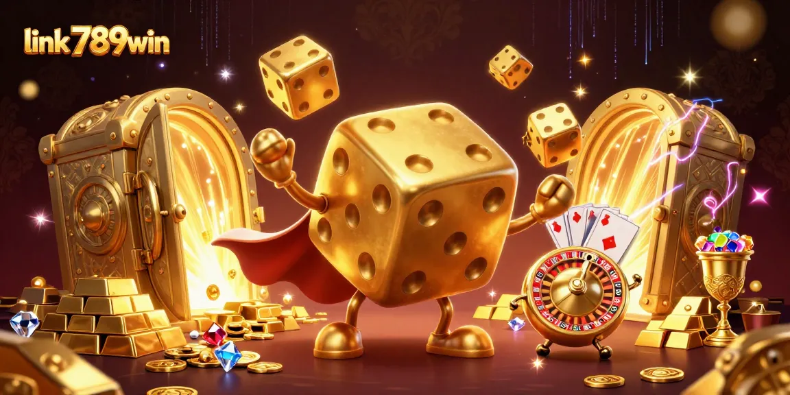 Link 789win features a golden dice golem juggling dice amidst shining treasures in a casino scene.