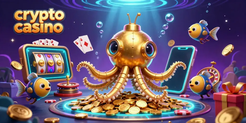 Play striking games at this vibrant crypto casino showcasing a whimsical kraken submarine.