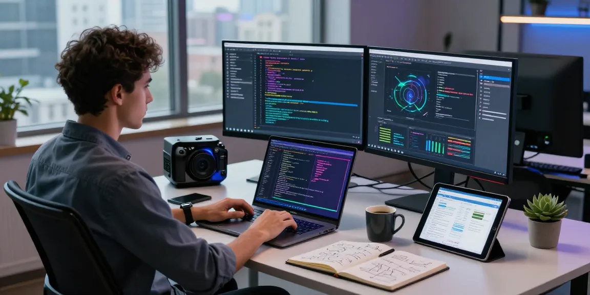 Professional coding session with an AI laptop, dual monitors showing vibrant code, modern tech workspace atmosphere.