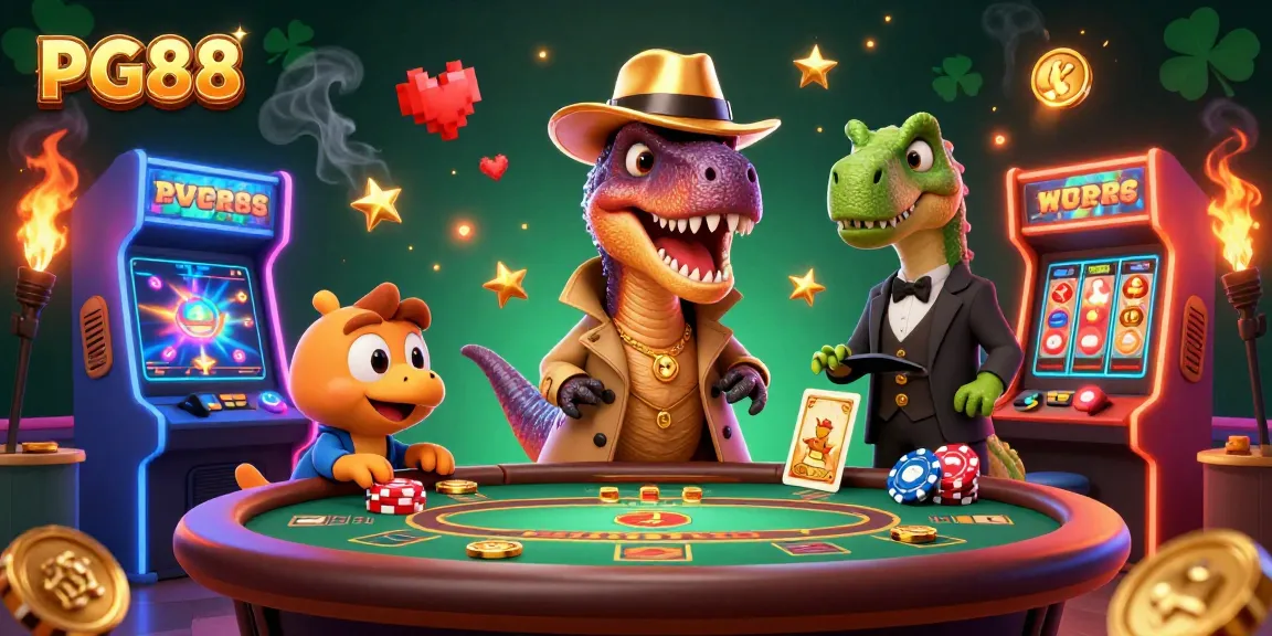 PG88 showcases a 3D velociraptor card counter at a dynamic blackjack table amidst colorful gaming elements.