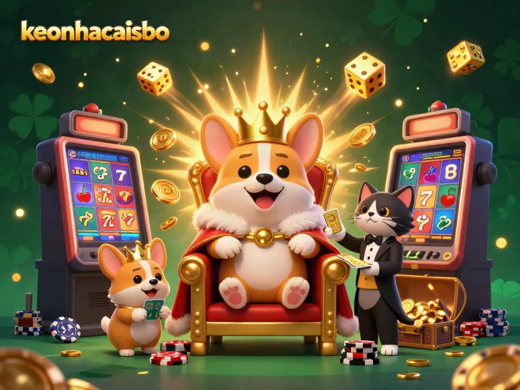 Engage in thrilling gameplay with keonhacaisbo at a vibrant digital casino featuring a royal corgi.