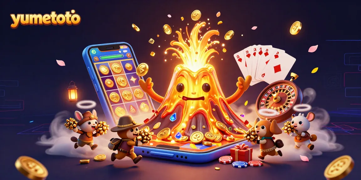 Celebrate your wins at yumetoto with spinning reels and golden treasures in this vibrant casino scene.