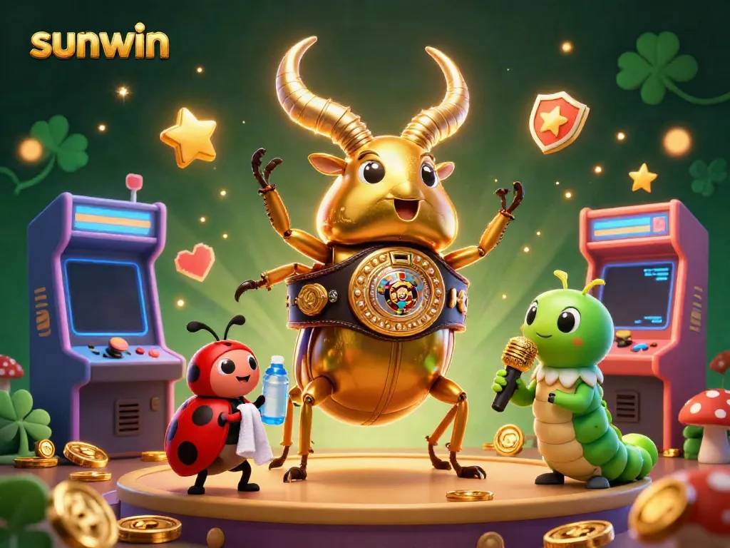 Experience the excitement of sunwin with a dynamic 3D illustration featuring a golden stag beetle champion surrounded by vibrant gaming elements.