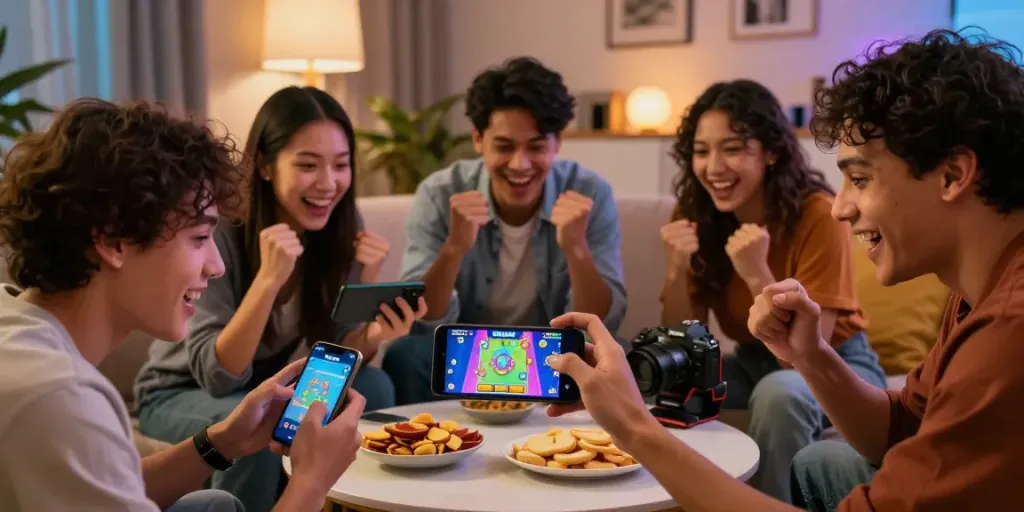 Players enjoying 3 Patti No1 game on smartphone with excitement in a cozy setting.