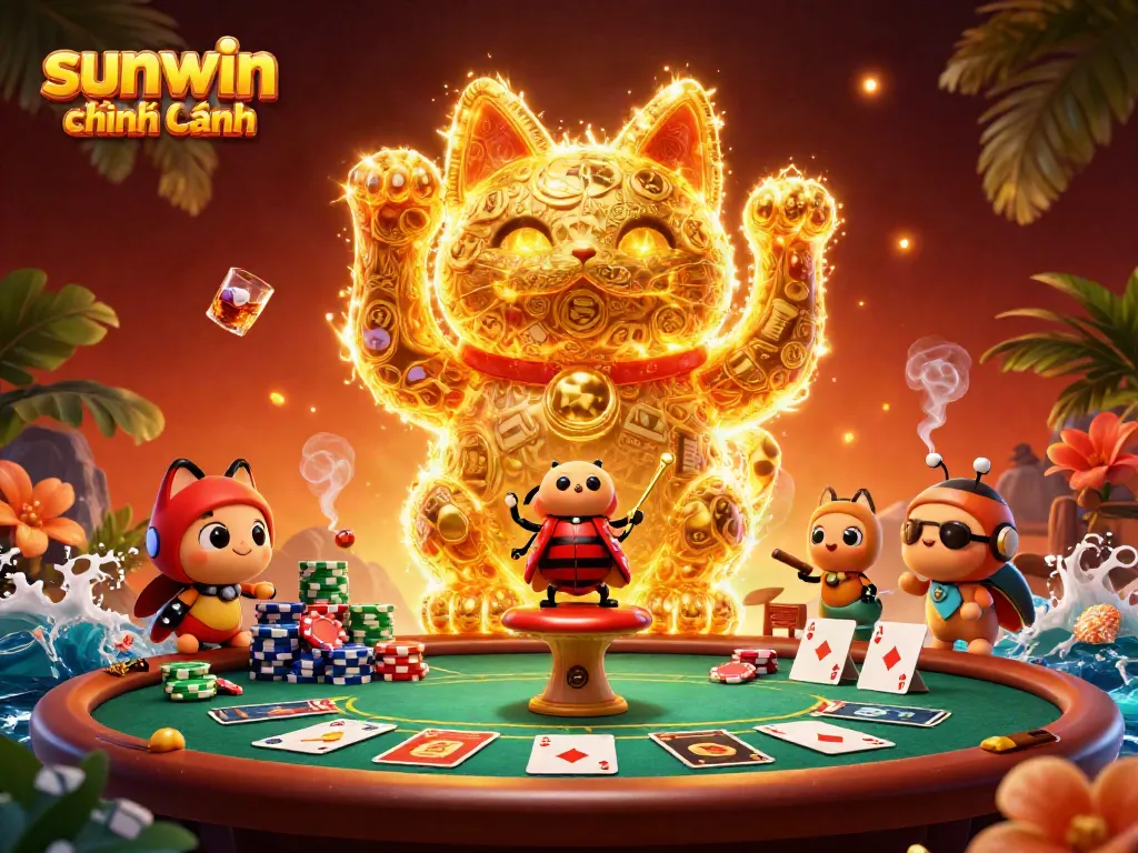 Engage with the exciting world of sunwin chính hãng, showcasing a vibrant 3D lucky cat and casino elements.