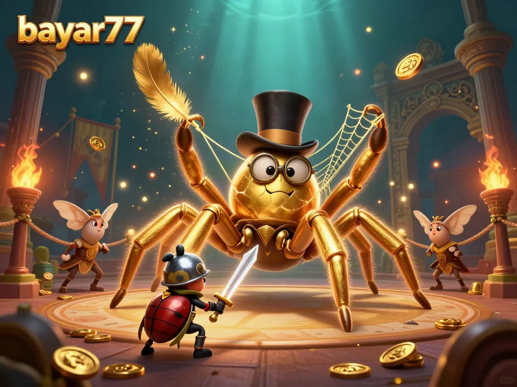 Engage with bayar77 experiences while a golden tarantula and beetle knight illustrate online gaming.