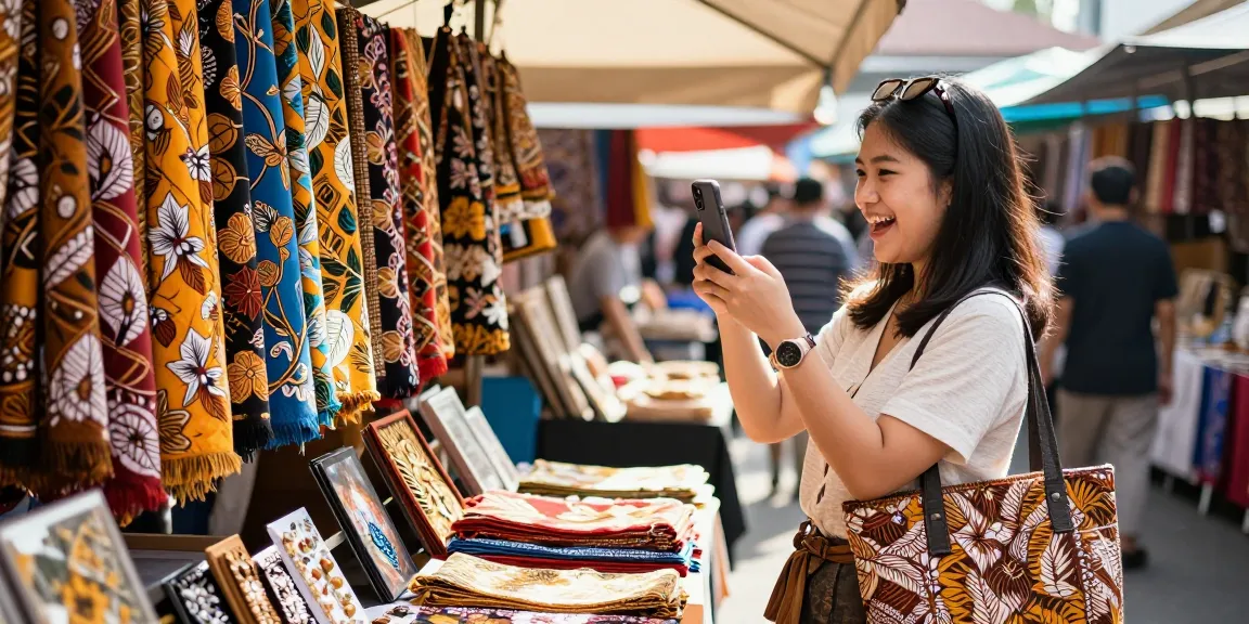 Menampilkan Batik 88 yang beragam di pasar kerajinan, wanita muda memeriksa kain dengan senyum bahagia.