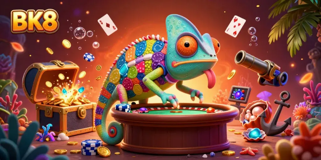 Experience the thrill of BK8 with an energetic chameleon casino owner surrounded by gold coins and vibrant game elements.