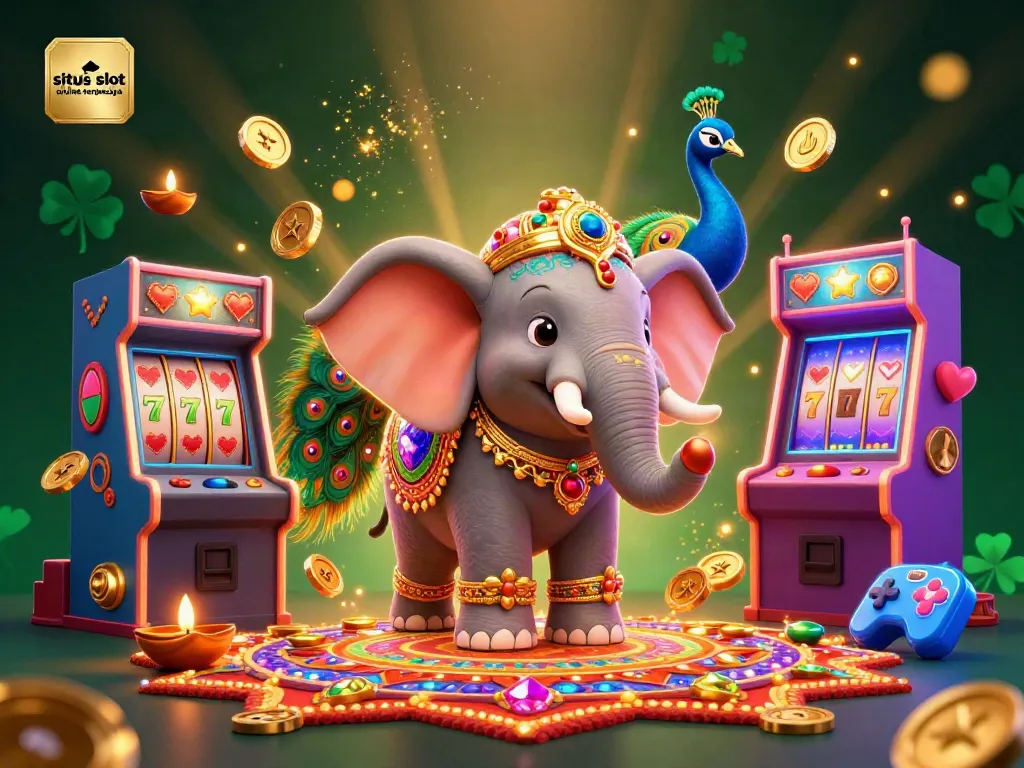 Permainan seru di situs slot online terpercaya dengan slot reel, simbol keberuntungan, dan elemen dekoratif yang menarik.