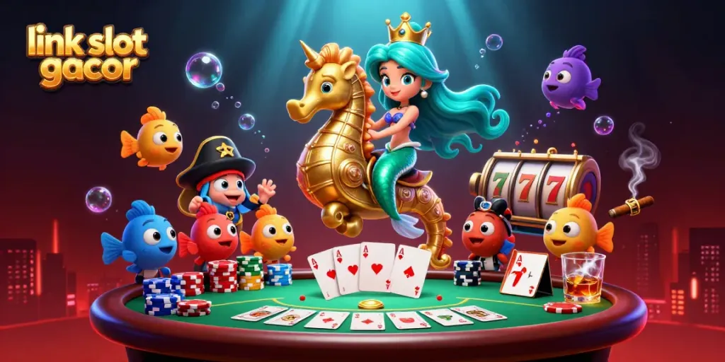 Permainan slot gacor diilustrasikan dengan putri duyung, kuda laut, dan ikan kartun yang beraksi.