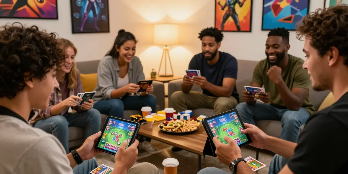 Exciting online game session with players enjoying Card Rummy APK on their smartphones in a vibrant living room.
