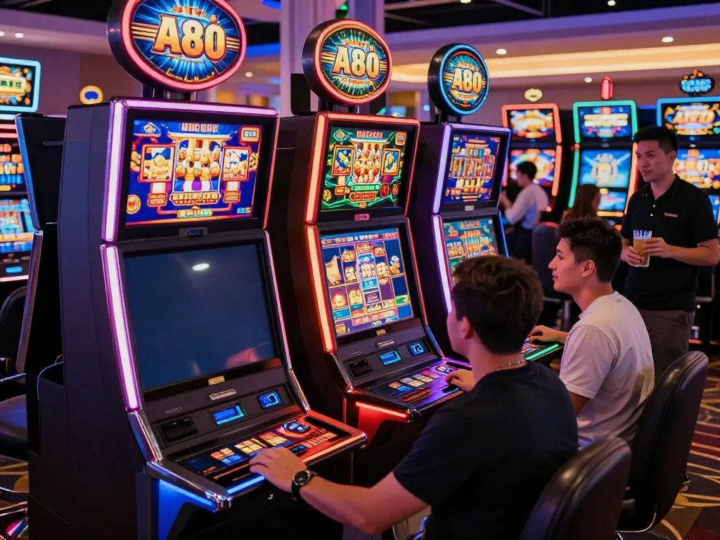 A80 slot information platform with players enjoying vibrant slot machines in a lively casino.