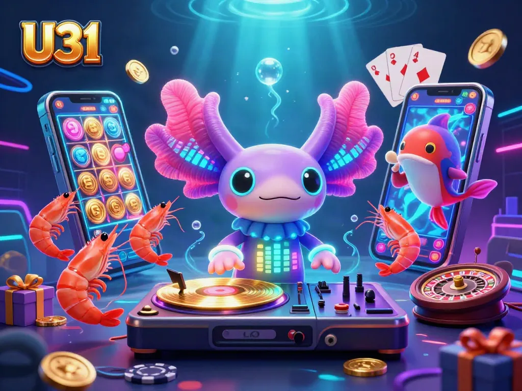 Play exciting games with U31, featuring vibrant casino characters spinning slots and winning coins in a colorful scene.