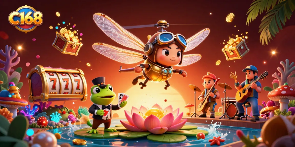 C168 immersive casino scene with a frog dealer, dragonfly pilot, and jazz-playing crickets.